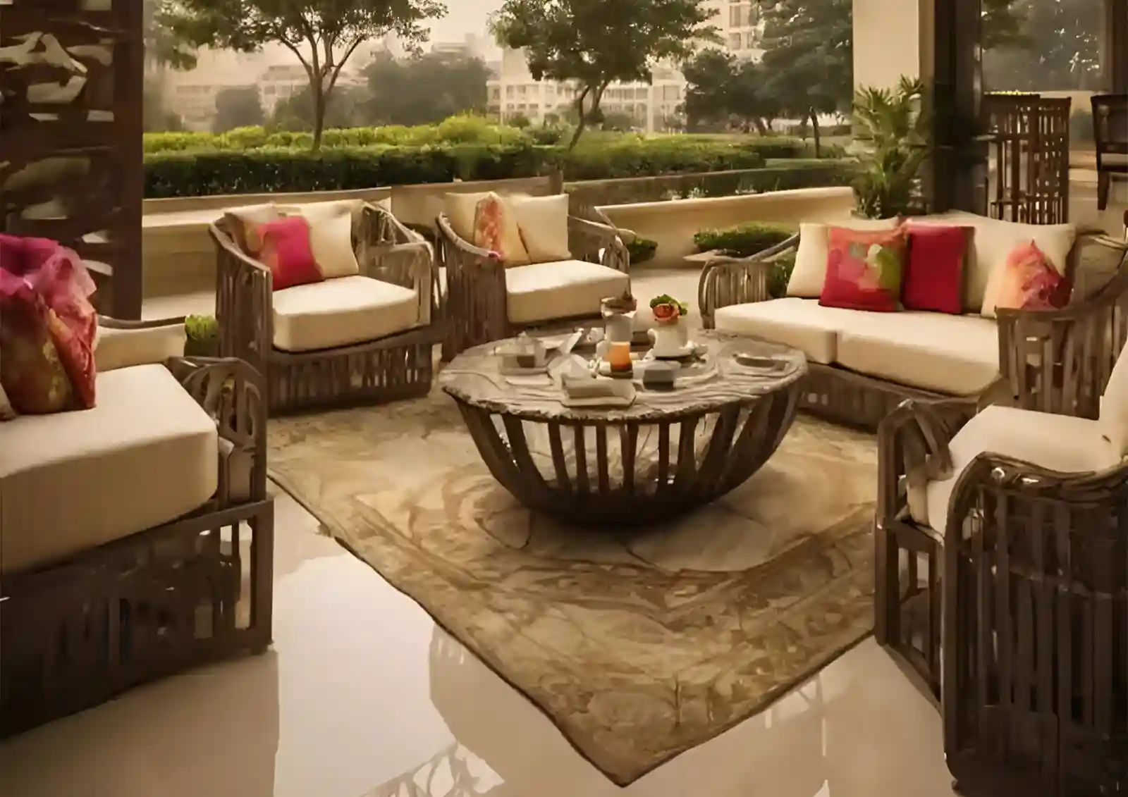 DLF The Dahlias Gurgaon luxury outdoor seating lounge with elegant furniture and landscaped garden views