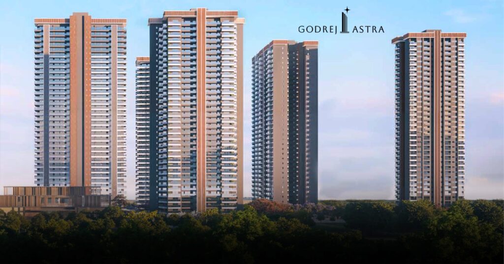 Spacious 4BHK luxury apartment exterior with balconies and landscaped gardens at Godrej Astra, a premium Gurgaon residential complex.