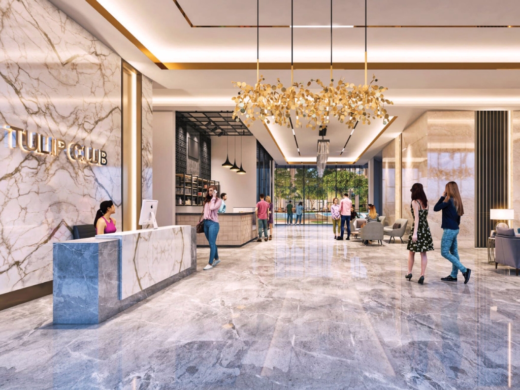 Tulip Monsella luxury clubhouse lobby with modern marble interiors in Gurgaon