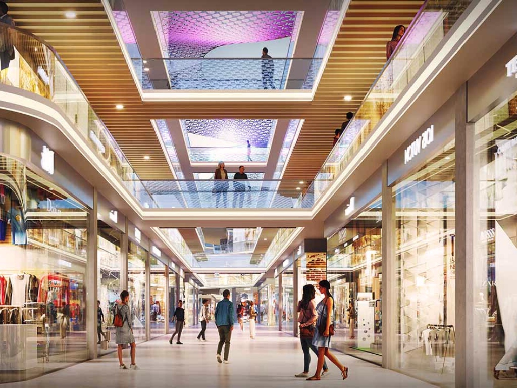 M3M Route 65 2 M3M Route 65 premium indoor retail boulevard with modern shopfronts, glass displays, and multi-level atrium in Sector 65 Gurugram