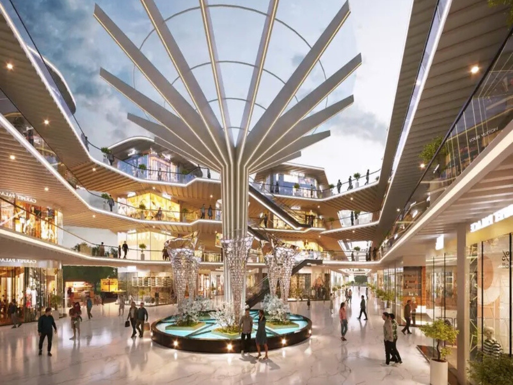 M3M Route 65 3 M3M Route 65 iconic high-street retail building with futuristic multi-level architecture and illuminated terraces in Sector 65 Gurugram