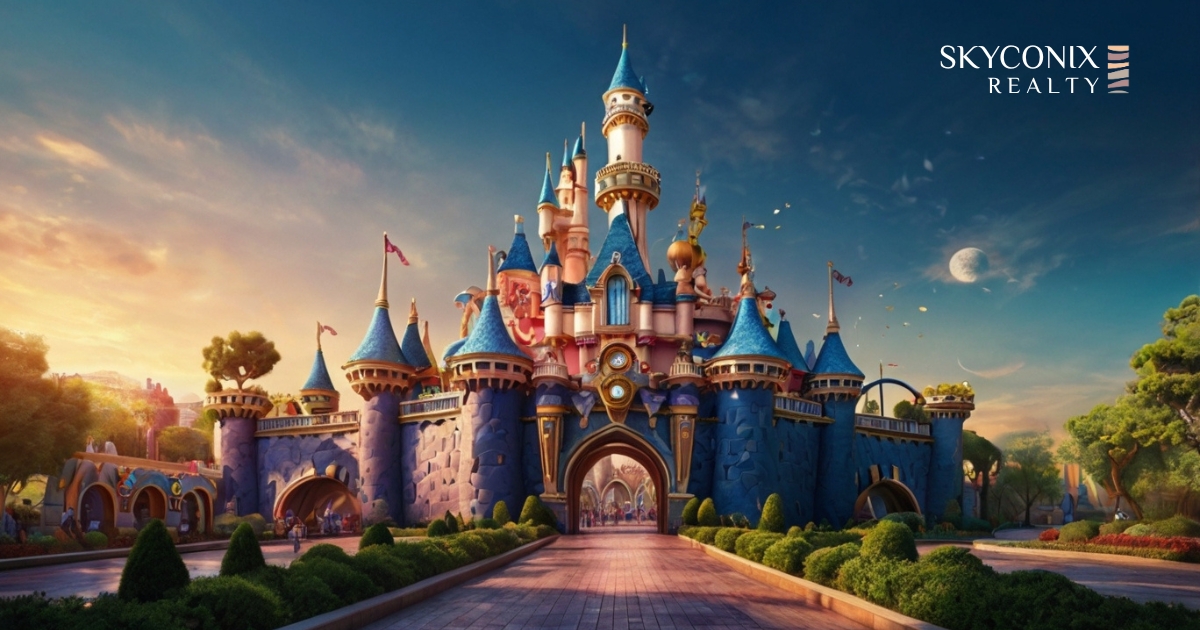 Gurgaon Disneyland-style theme park entrance with families enjoying and real estate developments nearby