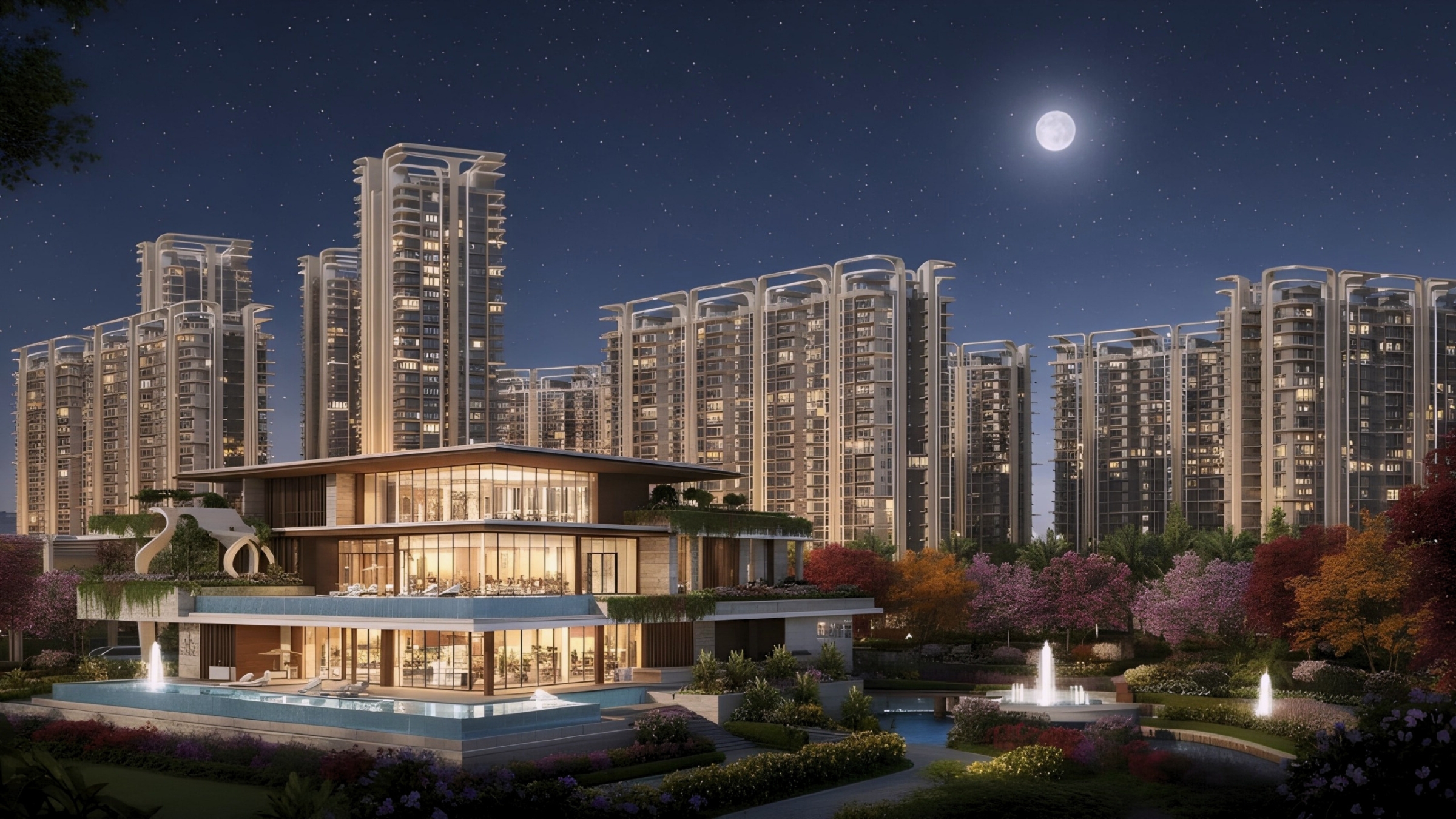 M3M GIC Manesar high-rise luxury township night view with modern clubhouse and landscaped gardens