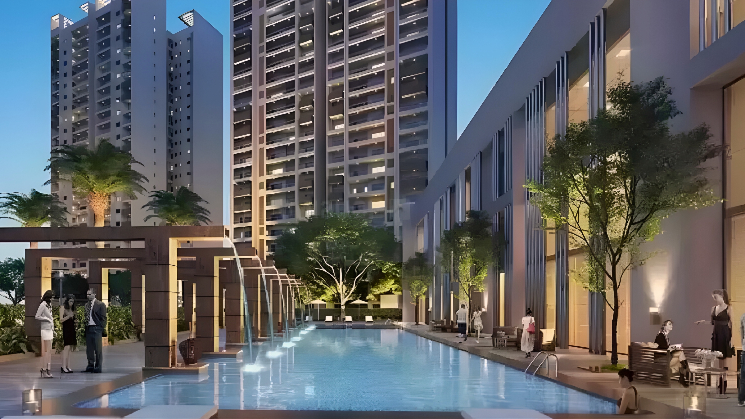 M3M GIC Manesar high-rise pool deck with luxury towers and evening ambience