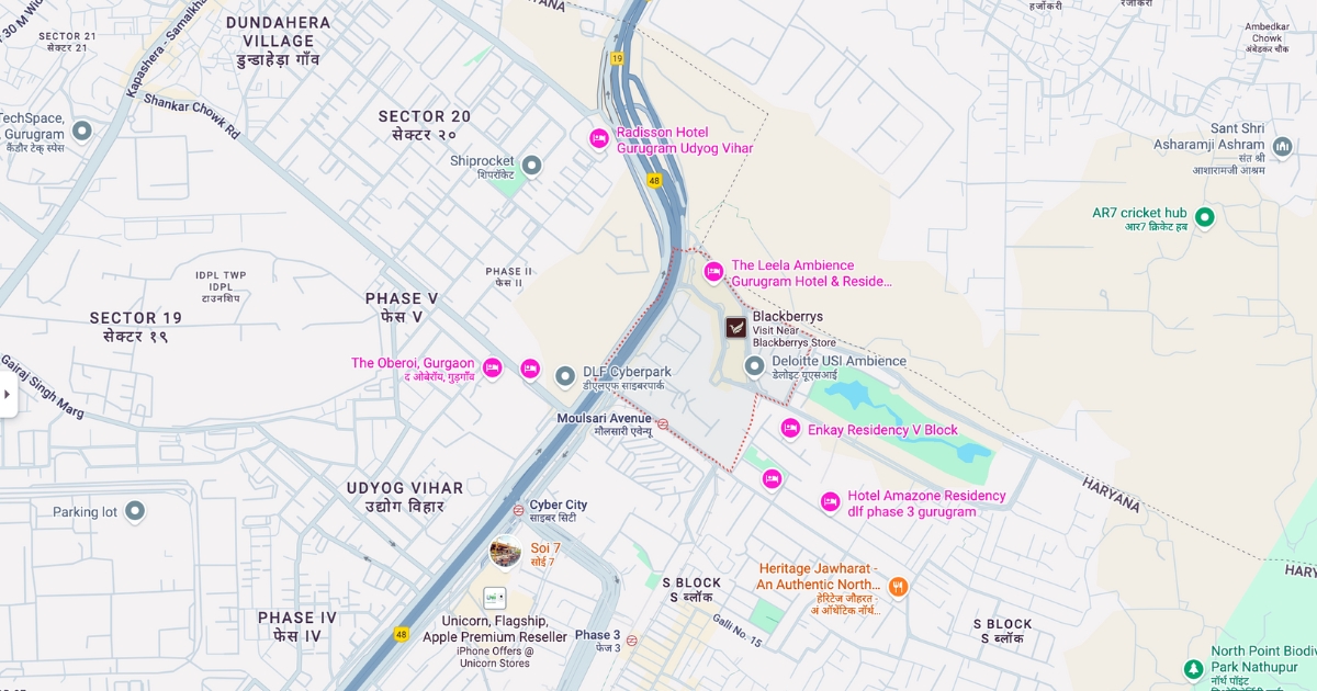 Map view of Ambience Island in Gurgaon showing its location near Cyber City, Udyog Vihar, luxury hotels, and premium residential sectors in one of the posh areas in Gurgaon.