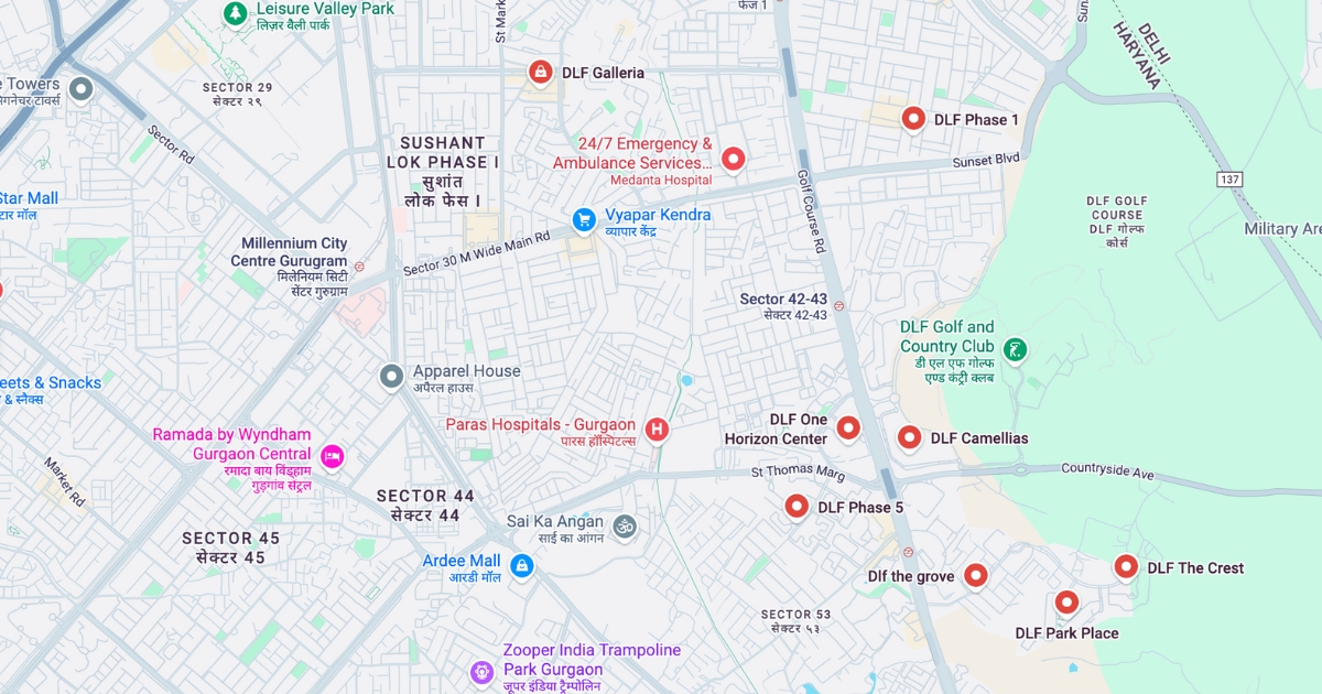 Map view of DLF City Phases 1–5 in Gurgaon, highlighting its central location, connectivity, and presence among the top posh areas in Gurgaon.