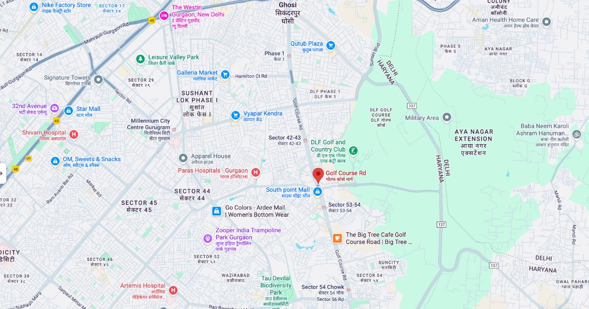 Map view showing Golf Course Road in Gurgaon, one of the top posh areas in Gurgaon, with nearby sectors, hospitals, parks, and major connecting routes.