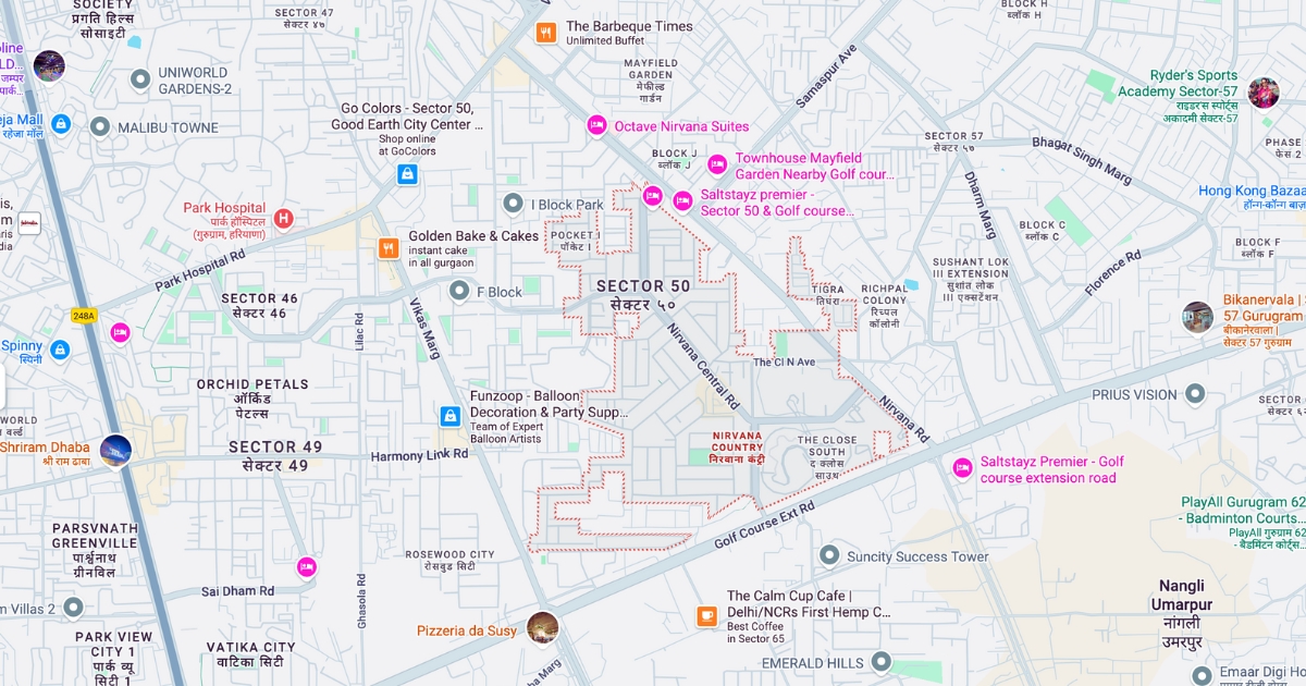 Map view of Nirvana Country in Gurgaon highlighting Sector 50, nearby residential blocks, major roads, and premium landmarks within one of the posh areas in Gurgaon.