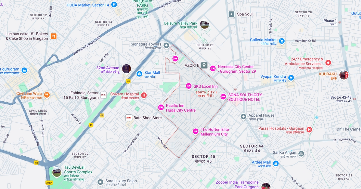 Map view of South City I in Gurgaon showing key landmarks, commercial hubs, hospitals, and main roads within one of the posh areas in Gurgaon.