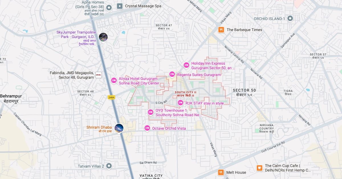 Map view of South City II in Gurgaon showing residential blocks, hotels, nearby sectors, and major road networks in one of the posh areas in Gurgaon.