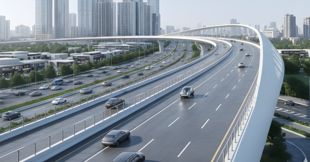 Modern elevated corridor in an urban cityscape representing the future connectivity of the Ghata Gaon to Kherki Daula elevated road project in Gurgaon.