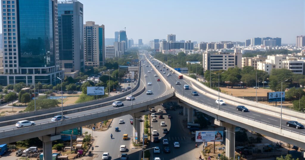 A modern elevated corridor in Gurgaon showcasing multi-level flyovers and high-speed urban connectivity.