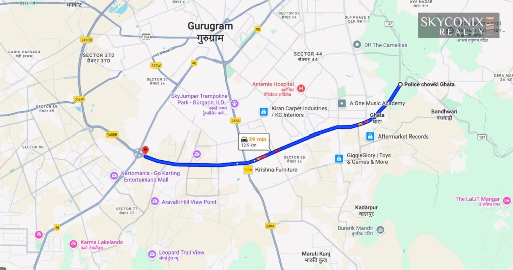 Map showing the Ghata Gaon to Kherki Daula elevated road project route passing through Vatika Chowk along the Southern Peripheral Road in Gurgaon.