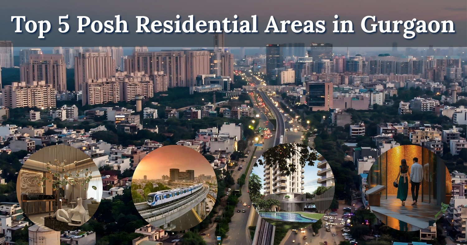 Aerial view of Gurgaon’s luxury neighborhoods including Golf Course Road, DLF City, Ambience Island, South City, and Nirvana Country, representing the top posh areas in Gurgaon.