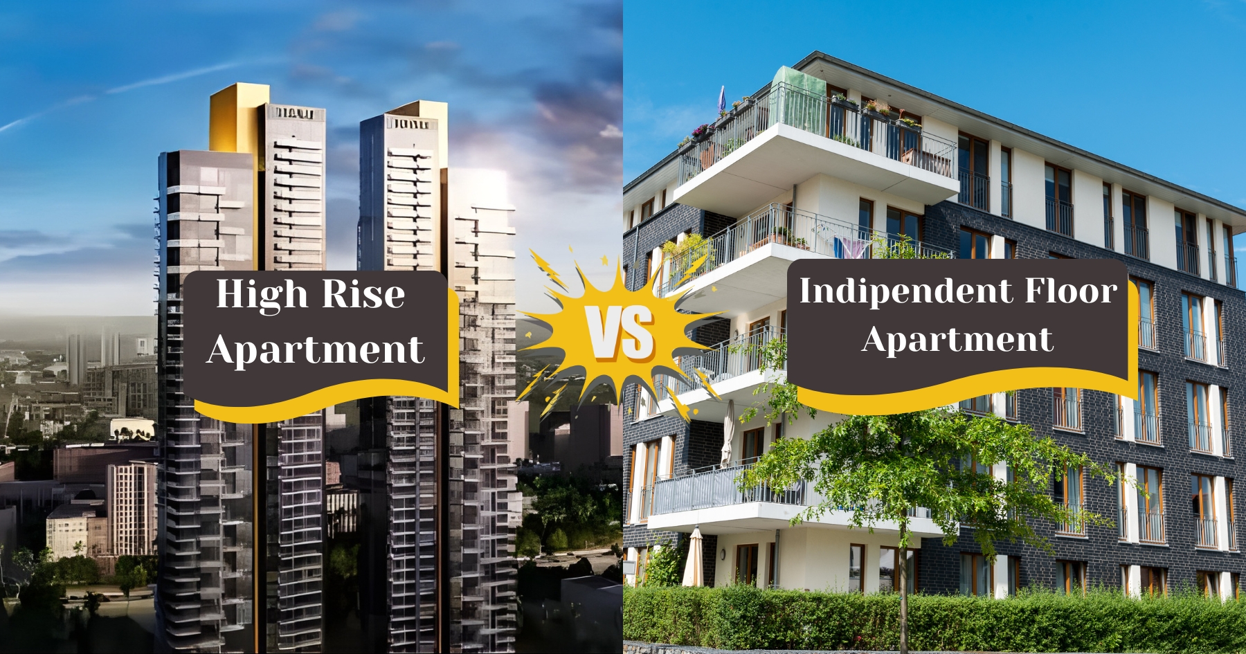Independent floors vs high-rise apartments showing a modern high-rise apartment tower on one side and a low-rise independent floor building on the other, highlighting differences in residential living styles.