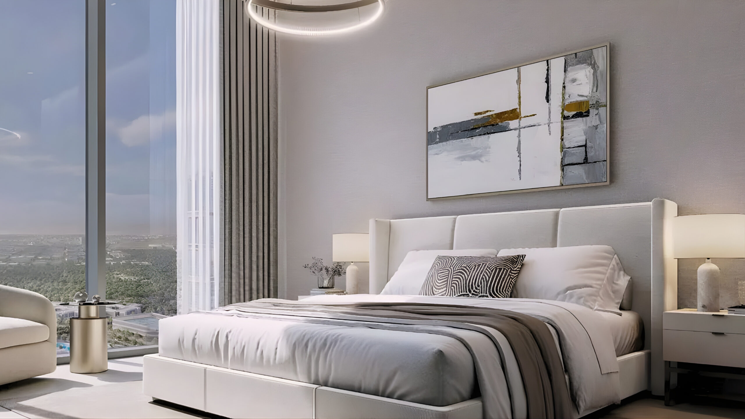 The bedroom of Sobha Crescent 63A Gurgaon features a contemporary design for its interior space.
