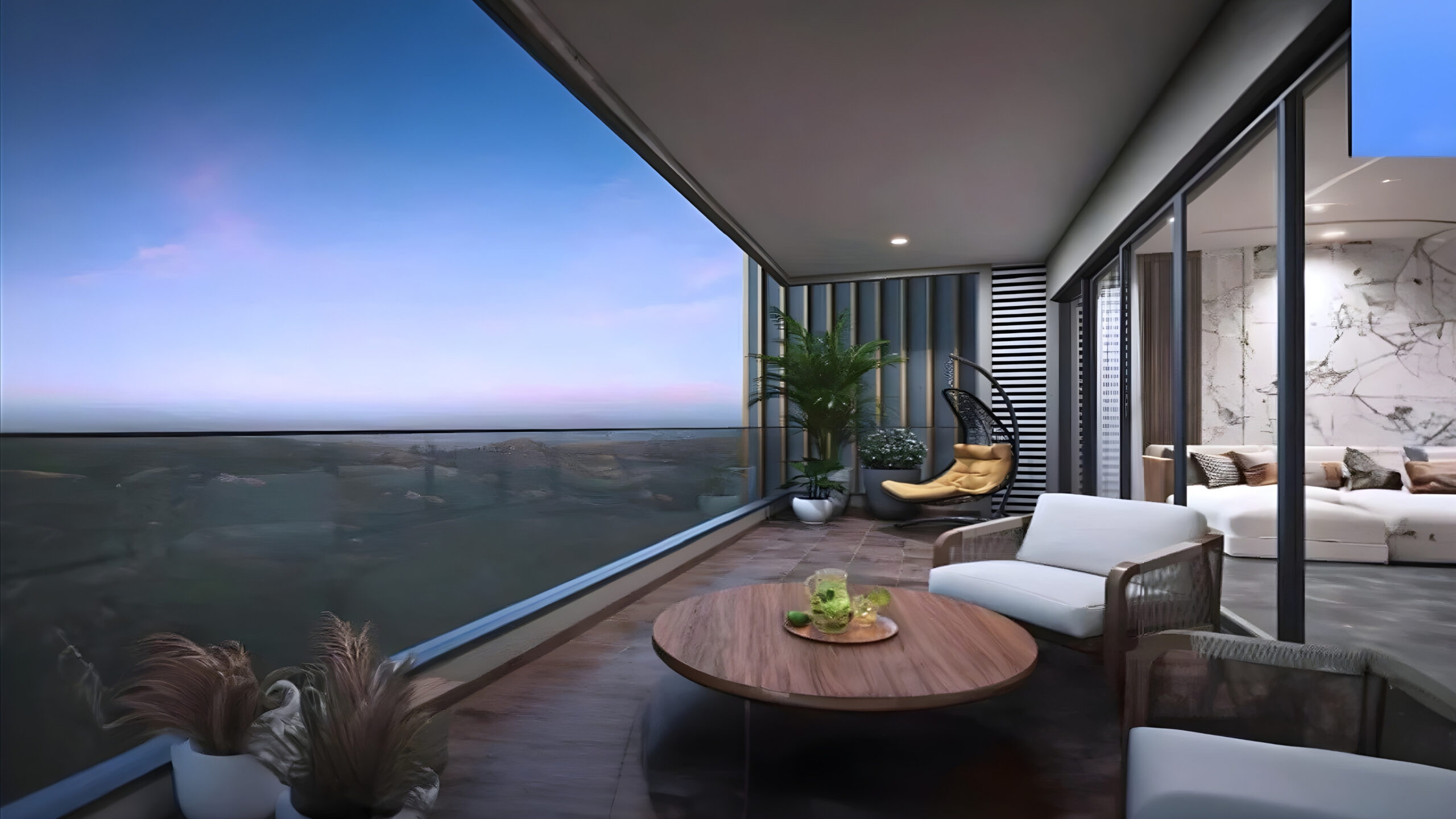 The balcony area of Sobha Crescent 63A Gurgaon provides residents with a view of the surrounding green areas.